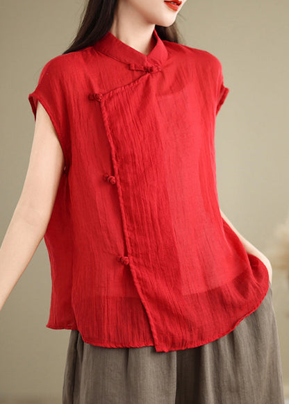 Stand Style Chinese Shirt Sleeve Short Patchwork Collar Red Linen