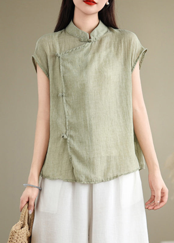 Stand Style Chinese Shirt Sleeve Short Patchwork Collar Red Linen