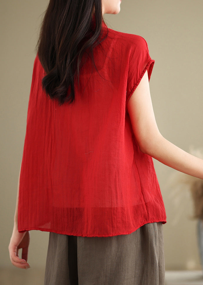 Stand Style Chinese Shirt Sleeve Short Patchwork Collar Red Linen