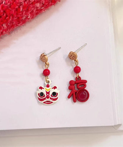 Chinese Style Red Sterling Silver Alloy Asymmetric Lion Graphic Drop Earrings YD026