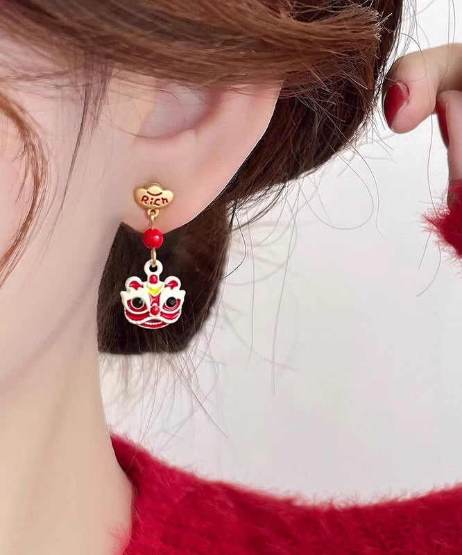 Chinese Style Red Sterling Silver Alloy Asymmetric Lion Graphic Drop Earrings YD026