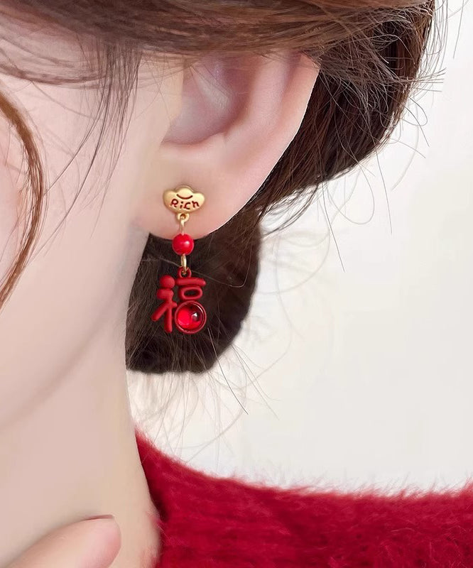 Chinese Style Red Sterling Silver Alloy Asymmetric Lion Graphic Drop Earrings YD026