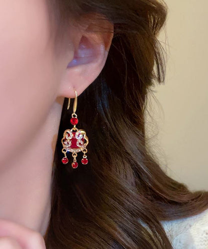 Chinese Style Red Sterling Silver Alloy Zircon Safety Lock Tassel Drop Earrings WH033