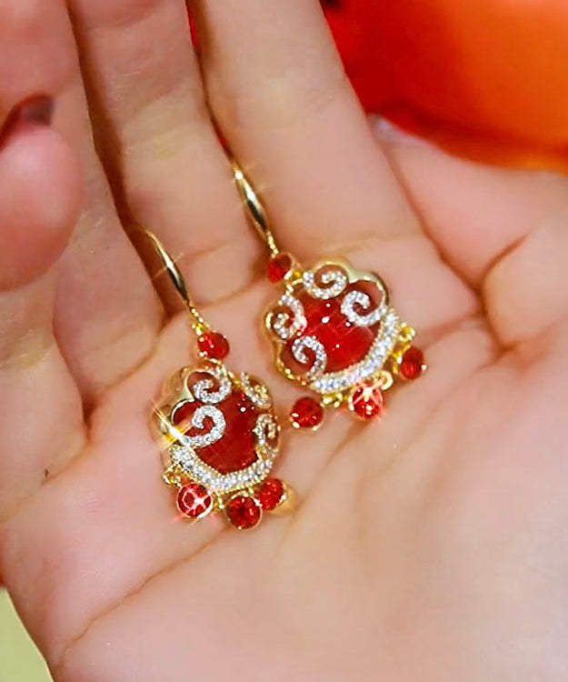 Chinese Style Red Sterling Silver Overgild Zircon Auspicious Clouds Ping Buckle Drop Earrings KX1042