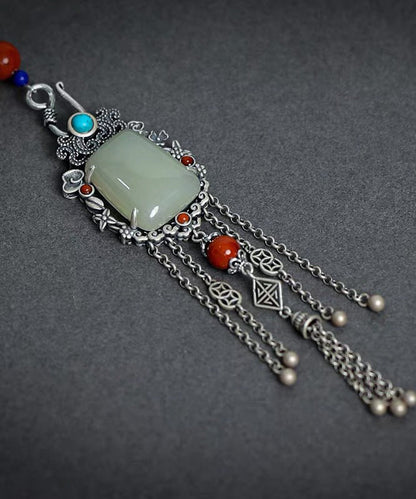 Chinese Style Silk Sterling Silver Jade Chain Tassel Brooches TX008