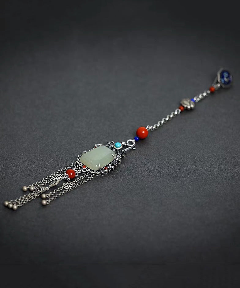 Chinese Style Silk Sterling Silver Jade Chain Tassel Brooches TX008