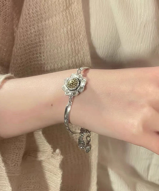 Sterling Lotus Chinese Silk Bracelet Style Charm Rotatable Silver