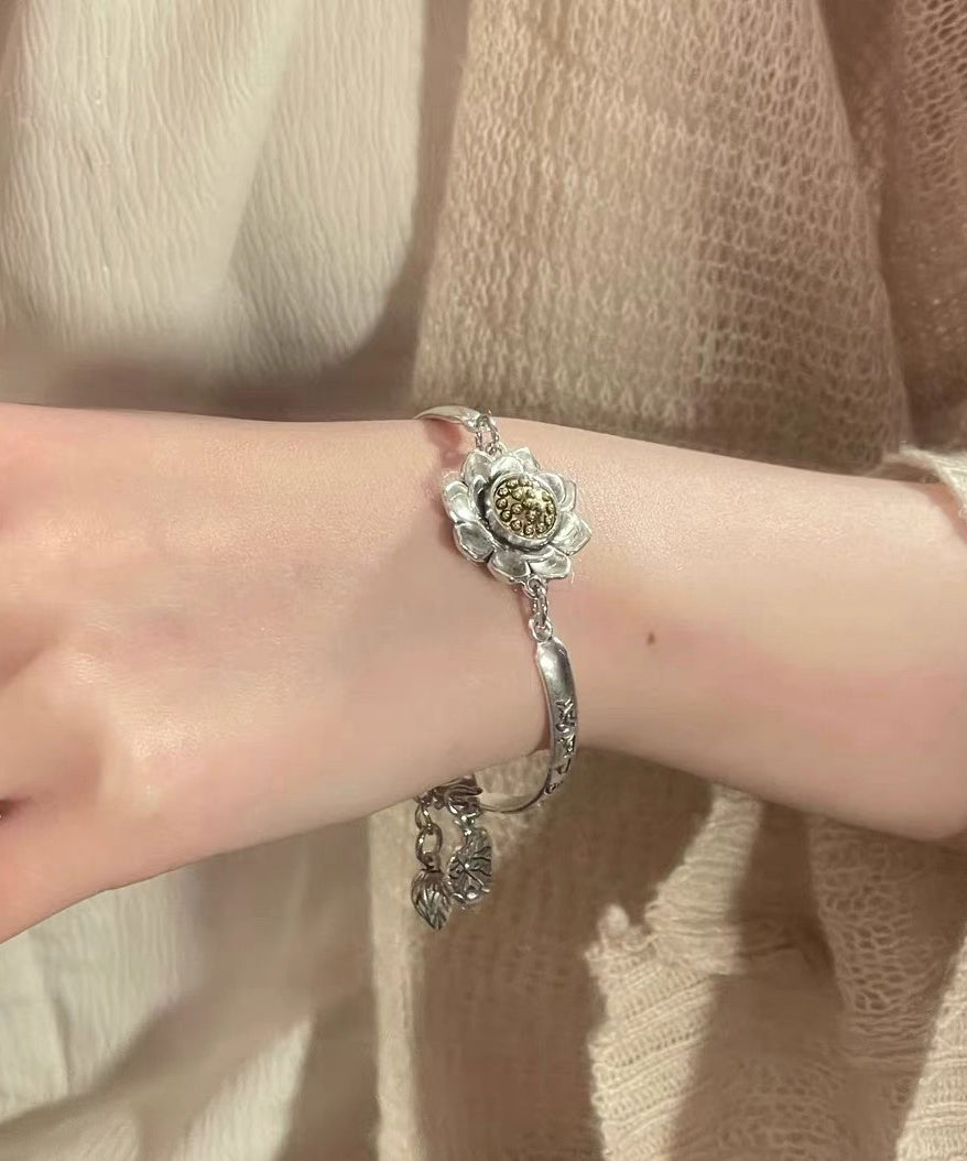 Sterling Lotus Chinese Silk Bracelet Style Charm Rotatable Silver