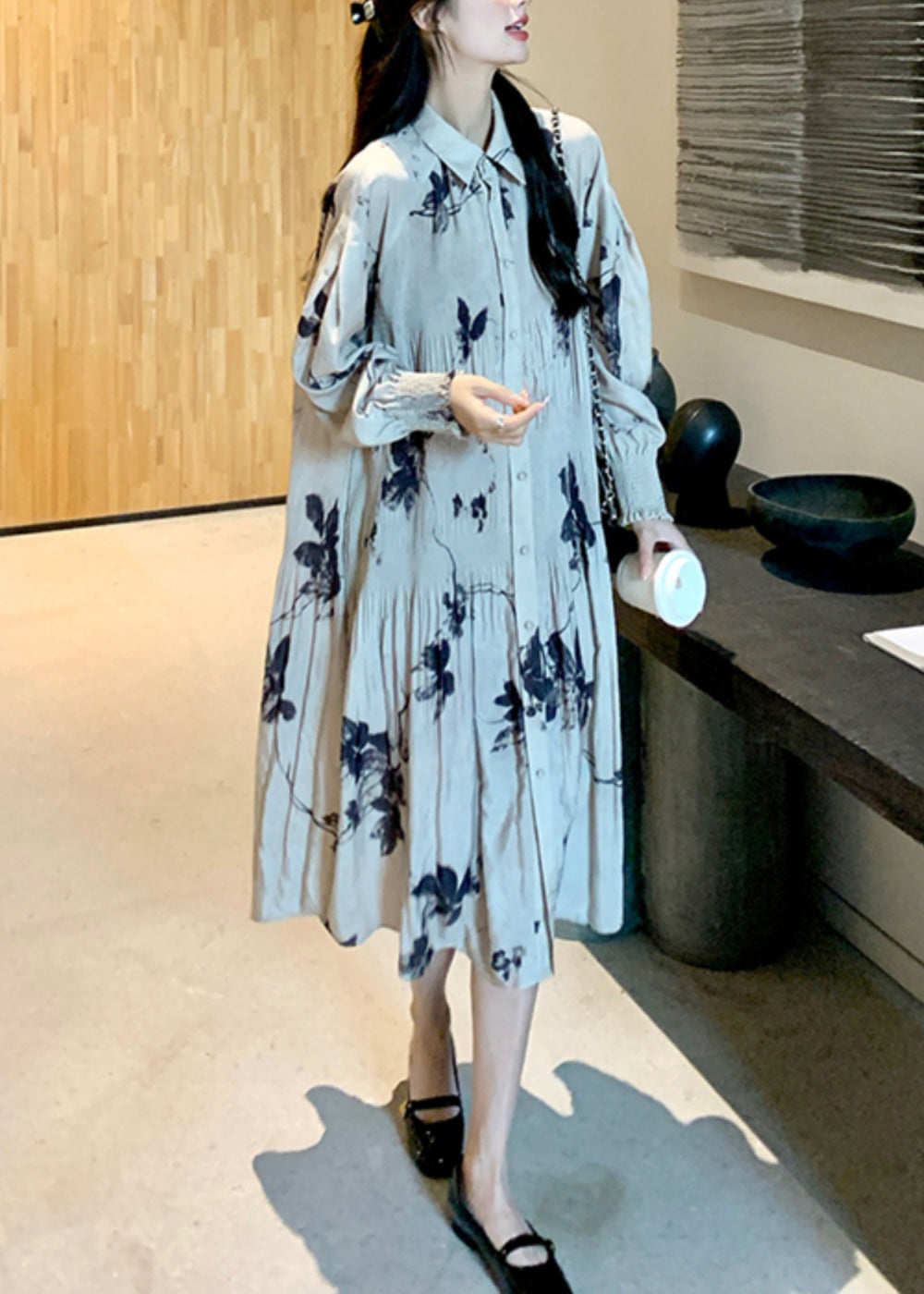 Style Chinese Button Long Dresses Wrinkled Lantern Collar Print