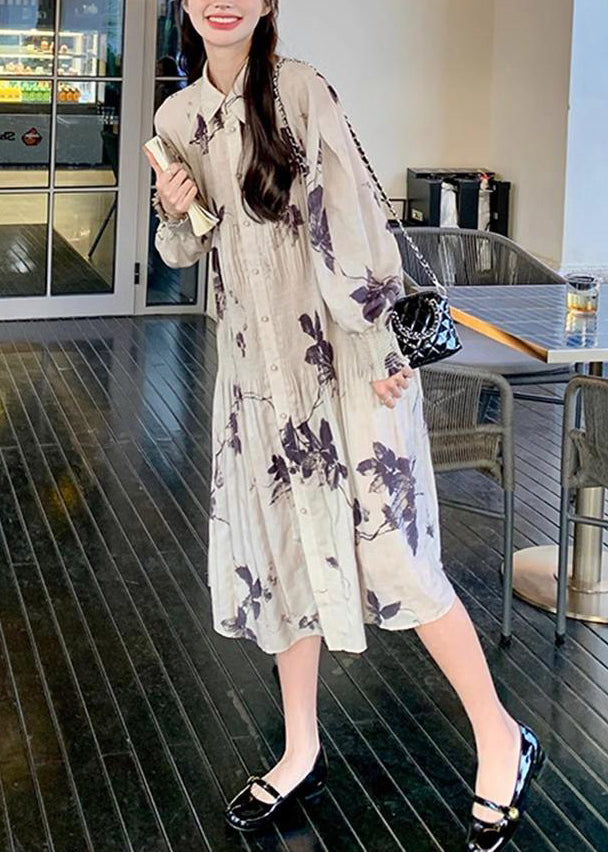 Style Chinese Button Long Dresses Wrinkled Lantern Collar Print