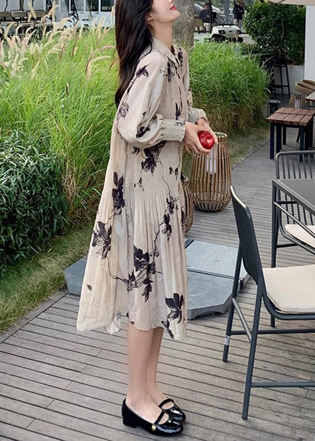 Style Chinese Button Long Dresses Wrinkled Lantern Collar Print