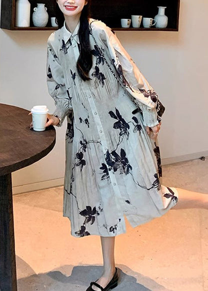 Style Chinese Button Long Dresses Wrinkled Lantern Collar Print