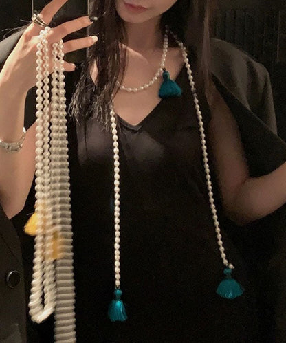 Chinese Style Yellow Alloy Pearl Beading Tassel Pendant Necklace YA007