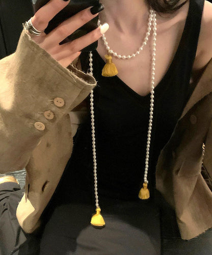 Chinese Style Yellow Alloy Pearl Beading Tassel Pendant Necklace YA007