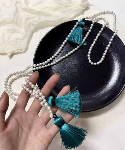 Chinese Style Yellow Alloy Pearl Beading Tassel Pendant Necklace YA007