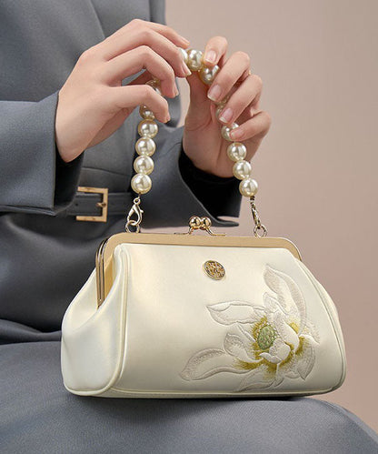 Cowhide Handbag Crossbody Embroidered White Pearl Chinese