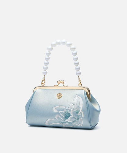 Cowhide Handbag Crossbody Embroidered White Pearl Chinese