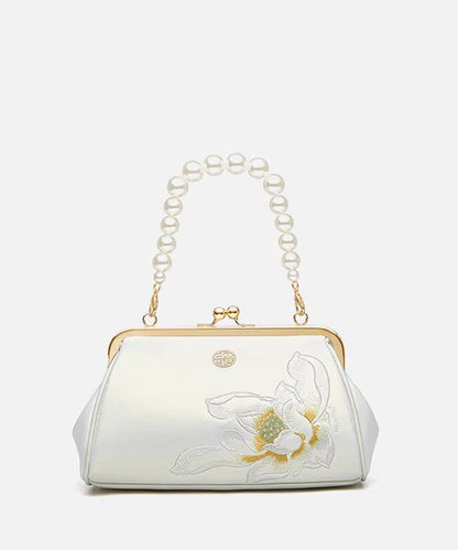 Cowhide Handbag Crossbody Embroidered White Pearl Chinese