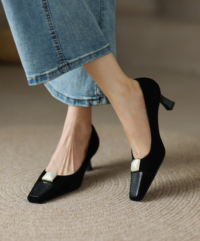 Toe Square Splicing Heels Classy Leather Beige High Cowhide