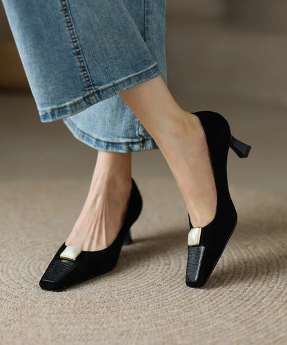 Toe Square Splicing Heels Classy Leather Beige High Cowhide