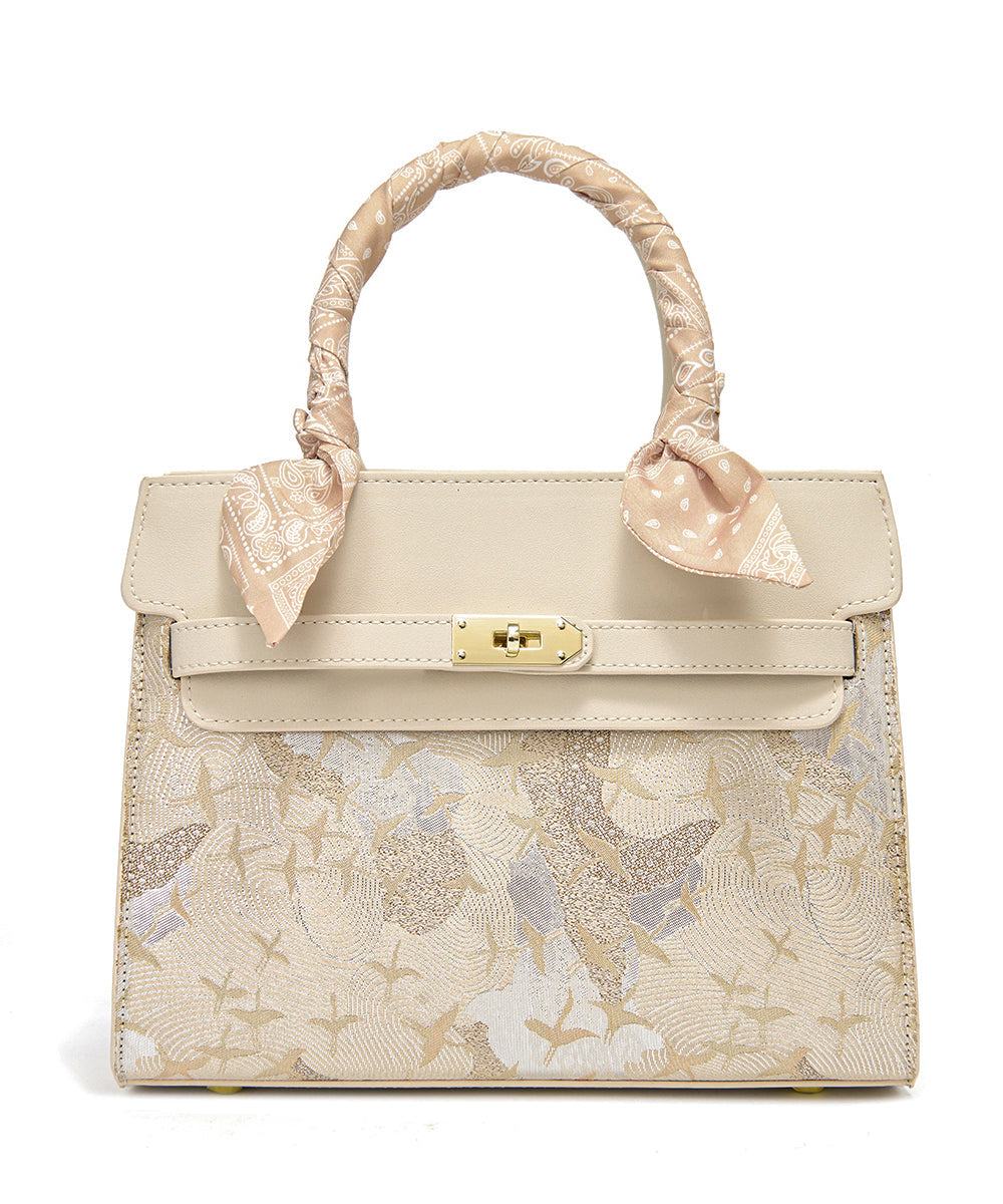 Micro Faux Classy Leather Beige Bag Embroidered