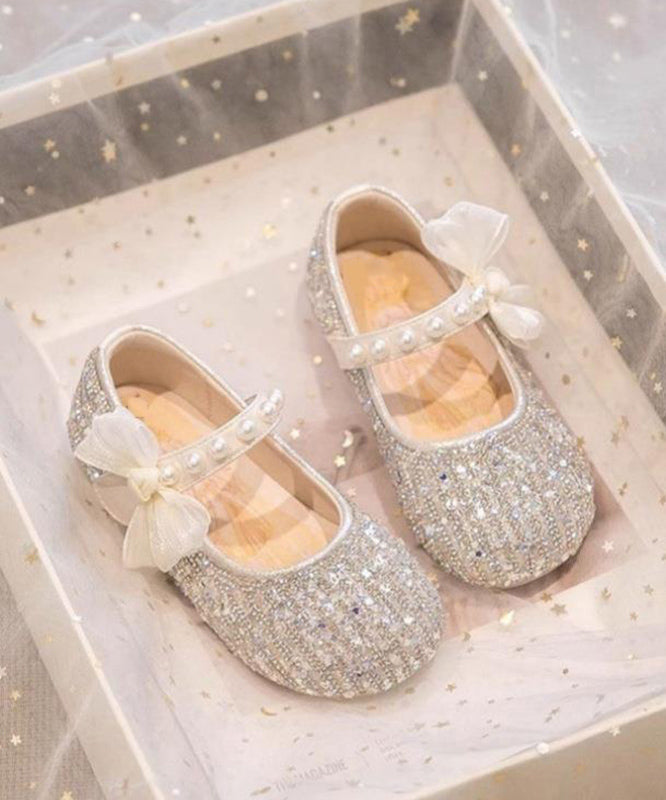 Beige Shoes Bow Classy Girls Strap Pearl For Flat Buckle