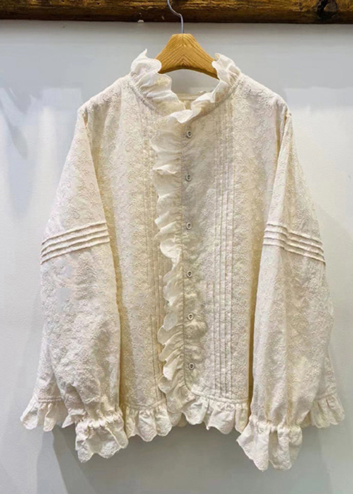 Classy Beige Ruffled Patchwork Embroidered Cotton Blouses Spring YK034