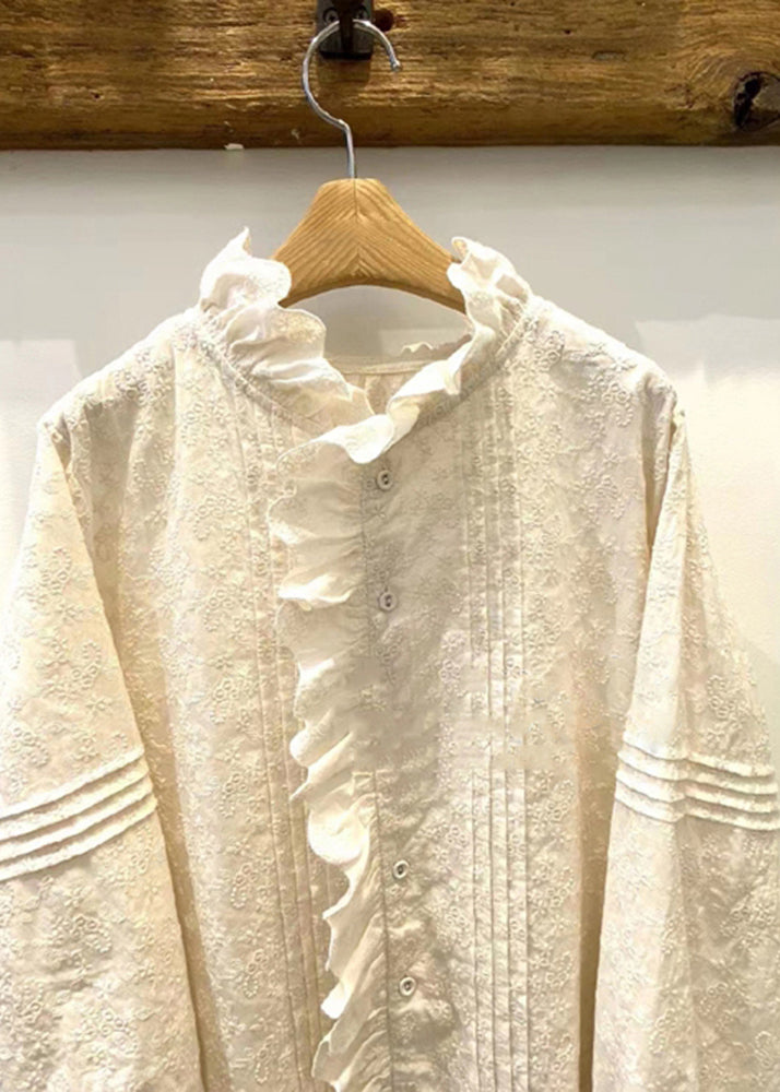 Classy Beige Ruffled Patchwork Embroidered Cotton Blouses Spring YK034