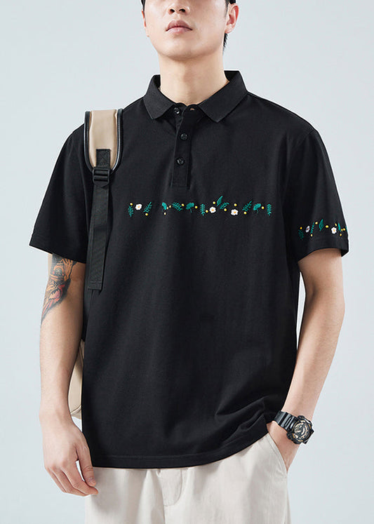 Shirt Button Polo Cotton Classy Summer Print Men Black Solid