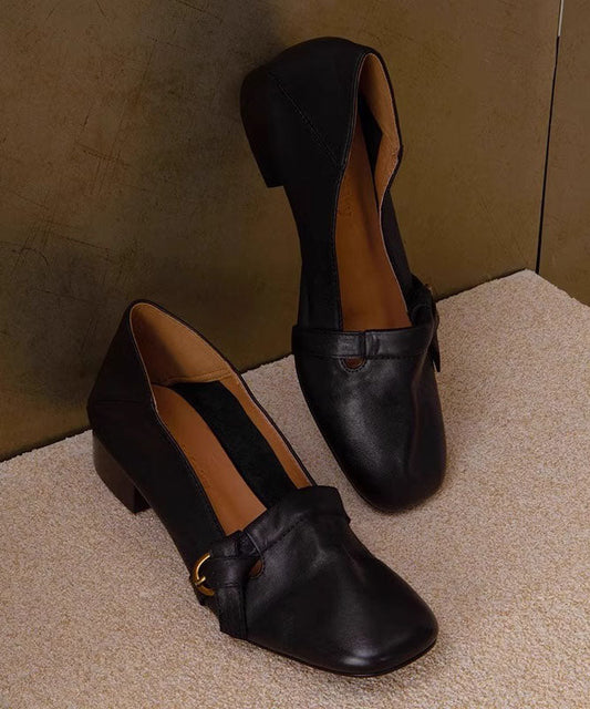 Splicing Black Cowhide Comfy Leather Chunky Shoes Classy