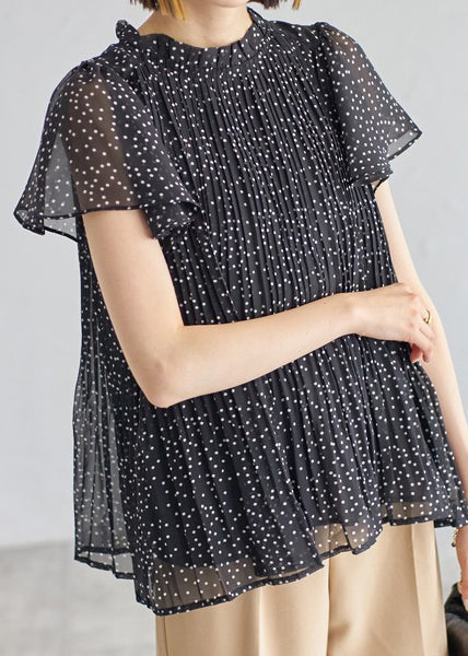 Summer Black Classy Shirts Chiffon Wrinkled Dot
