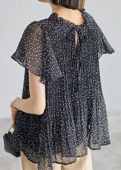 Summer Black Classy Shirts Chiffon Wrinkled Dot