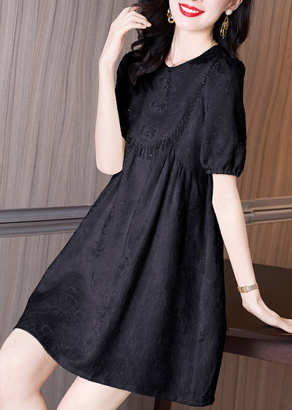 Neck Dresses Summer Classy Embroidered Cotton Black O