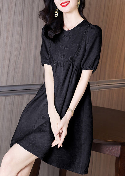 Neck Dresses Summer Classy Embroidered Cotton Black O