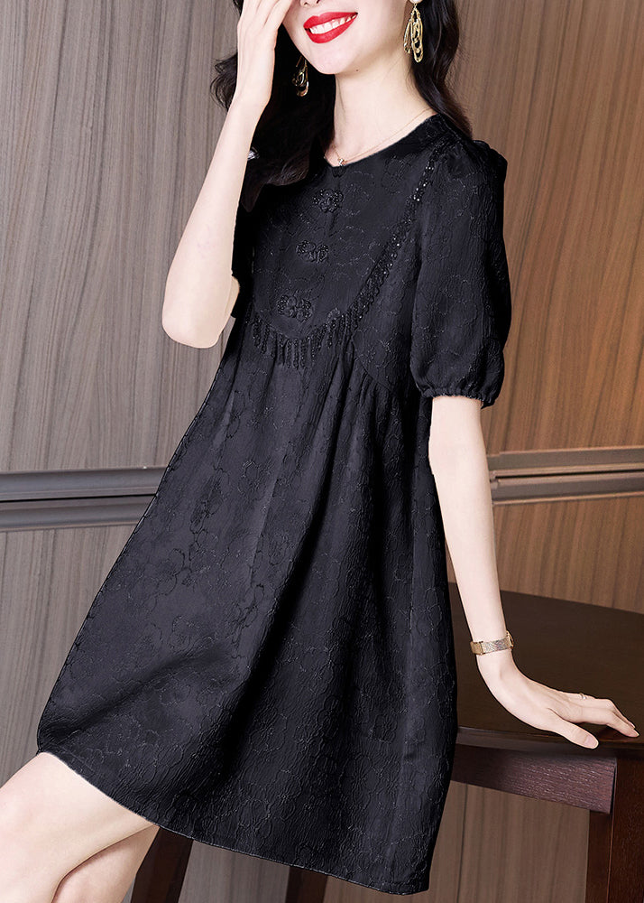 Neck Dresses Summer Classy Embroidered Cotton Black O