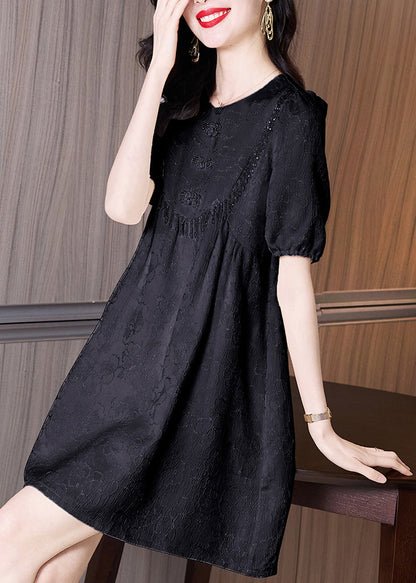 Neck Dresses Summer Classy Embroidered Cotton Black O