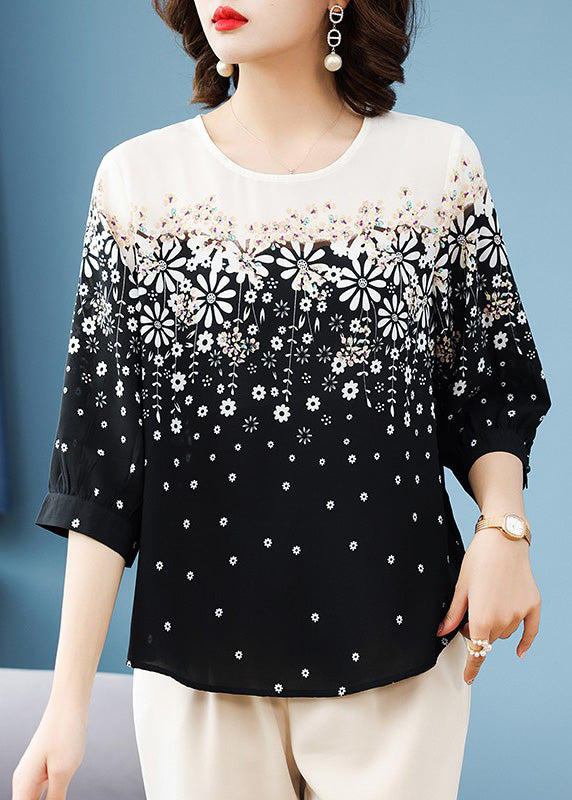 Classy Chiffon O-Neck Print Black Summer Shirts