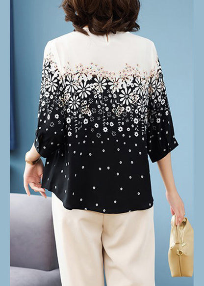 Classy Chiffon O-Neck Print Black Summer Shirts