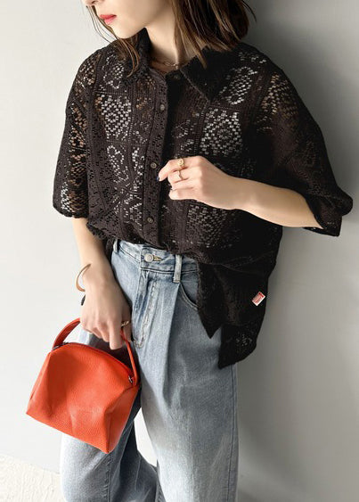Out Oversized Hollow Summer Lace Classy Black Shirts