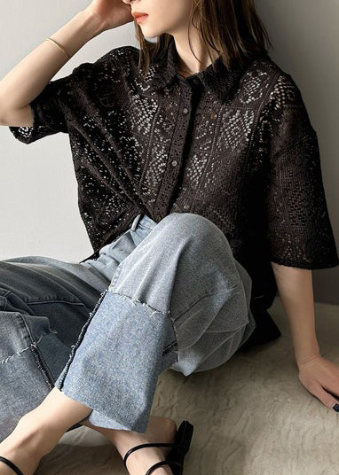 Out Oversized Hollow Summer Lace Classy Black Shirts