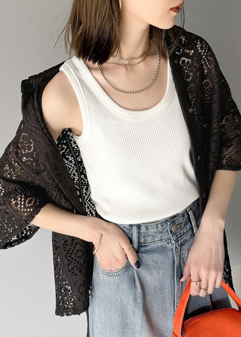 Out Oversized Hollow Summer Lace Classy Black Shirts