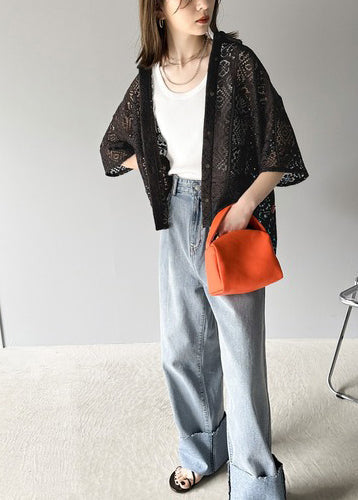 Out Oversized Hollow Summer Lace Classy Black Shirts