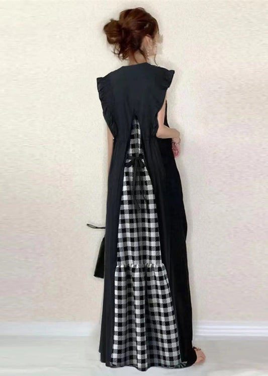 Sleeveless Black Classy Patchwork Ruffled Cotton Dress Tunic