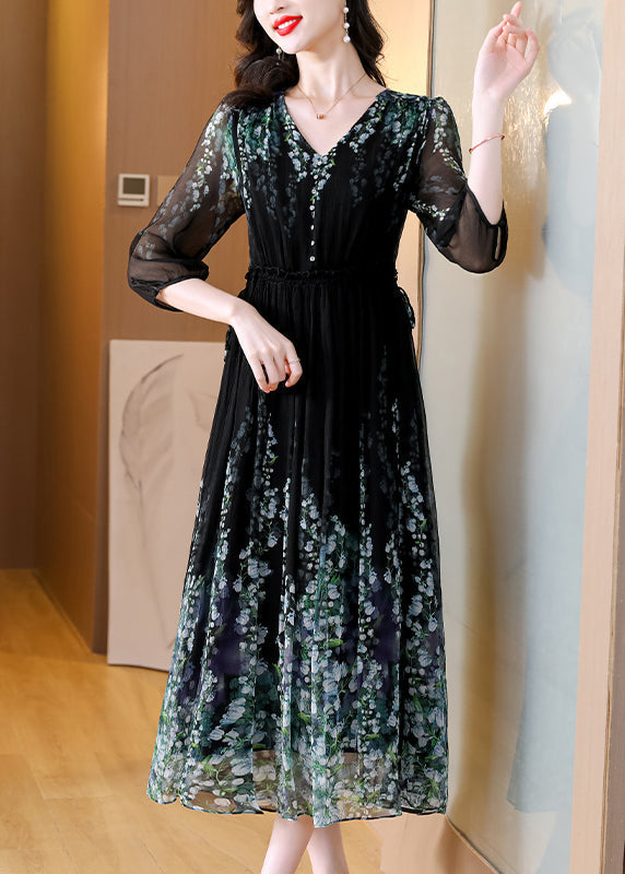 Wrinkled Neck Classy Dress Drawstring V Silk Black Long Print