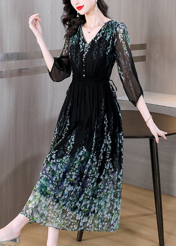 Wrinkled Neck Classy Dress Drawstring V Silk Black Long Print