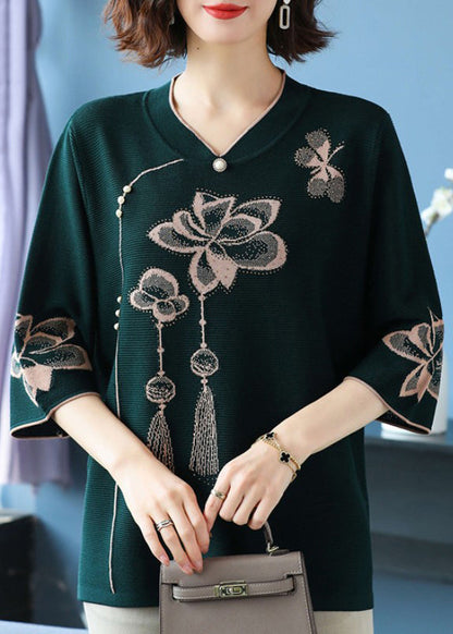 Classy Blackish Green V Neck Print Ice Silk Knit Top Summer TR014