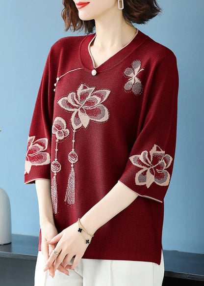 Classy Blackish Green V Neck Print Ice Silk Knit Top Summer TR014