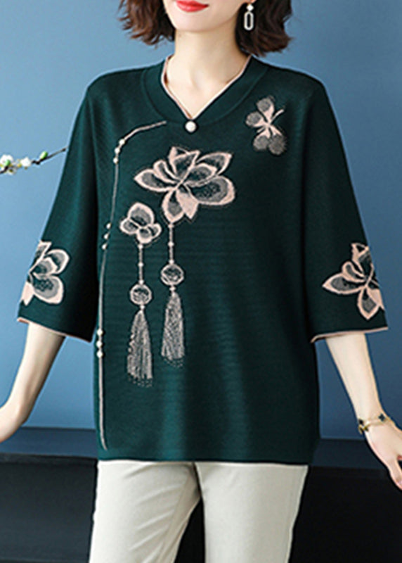 Classy Blackish Green V Neck Print Ice Silk Knit Top Summer TR014