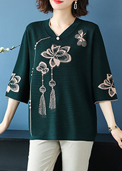 Classy Blackish Green V Neck Print Ice Silk Knit Top Summer TR014