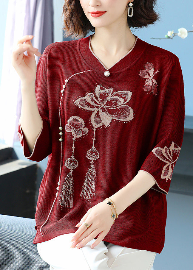 Classy Blackish Green V Neck Print Ice Silk Knit Top Summer TR014